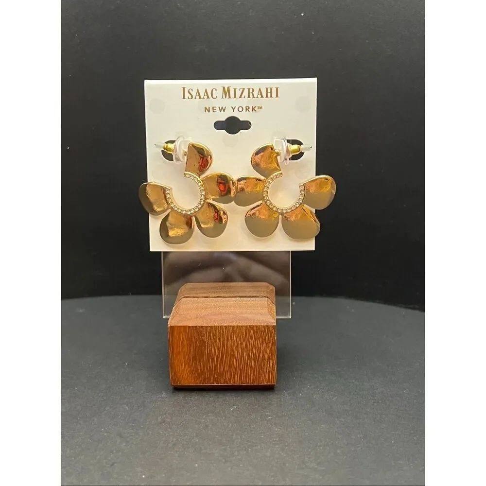 New! Isaac Mizrahi New York Gold Tone Flower Rhinestone Hoop Earrings